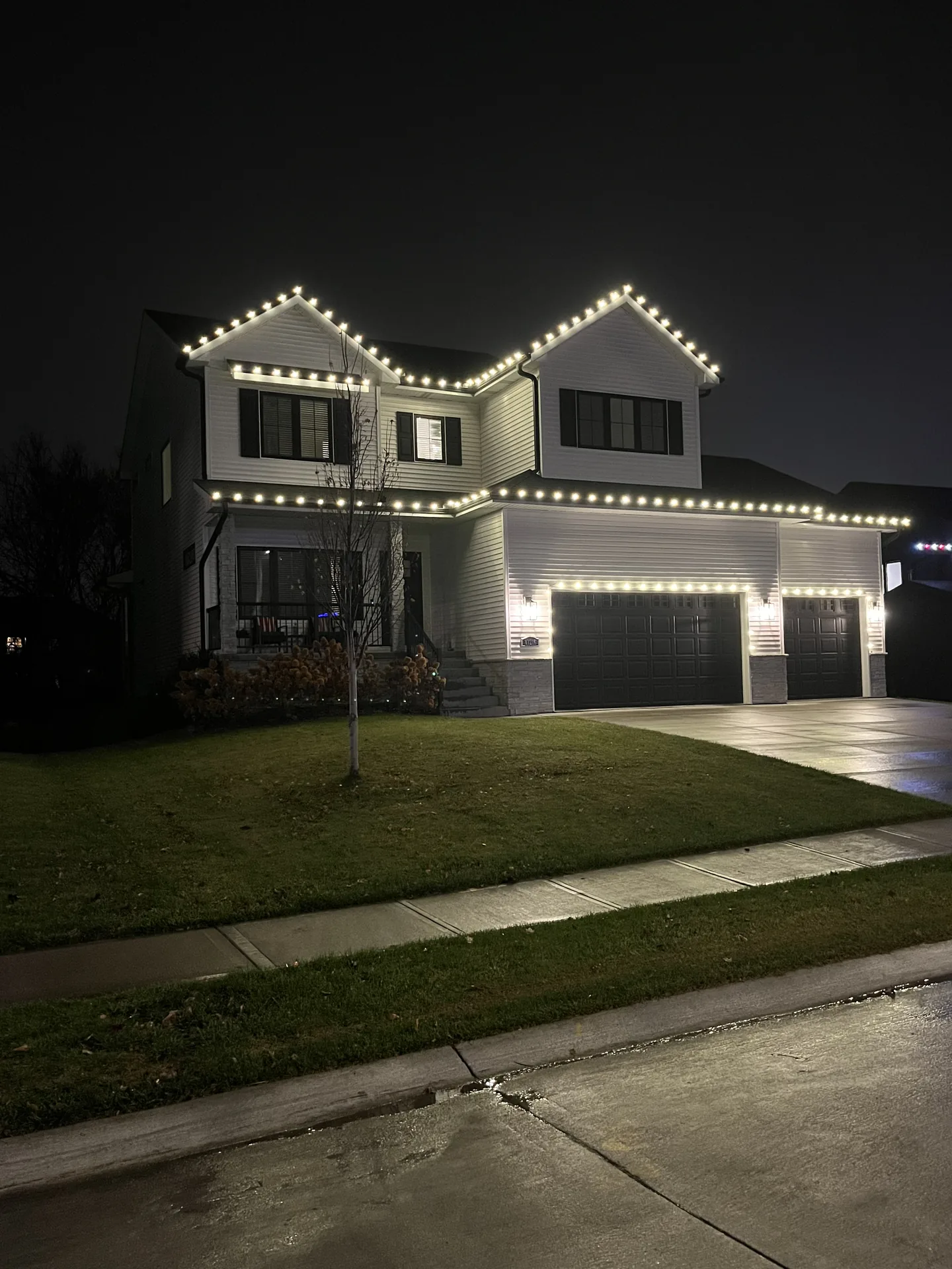 Crisp white holiday lighting along the peaks and garage of a two-story home